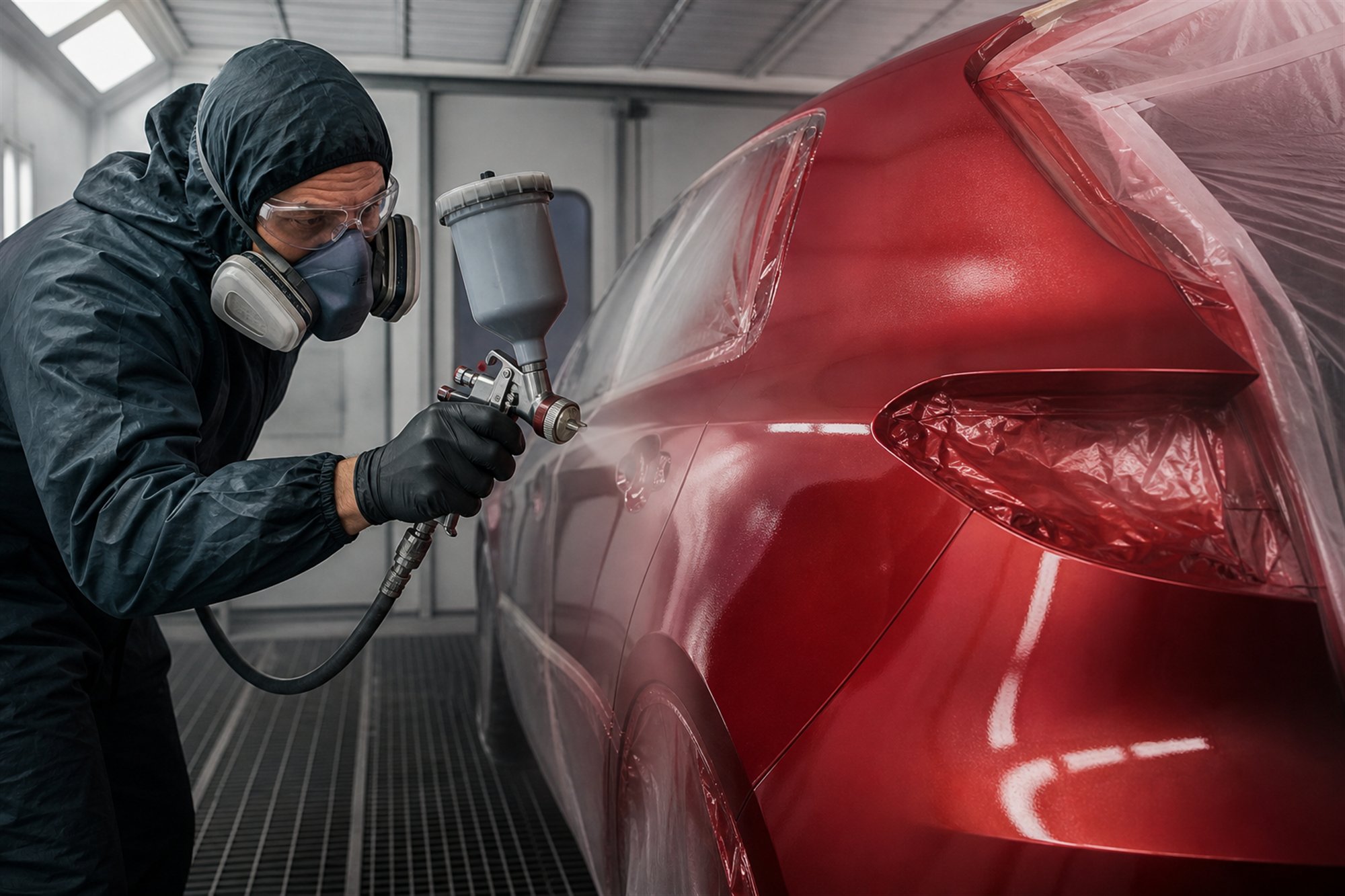 Automotive refinishing technician applying a metallic color-matched finish in a spray booth