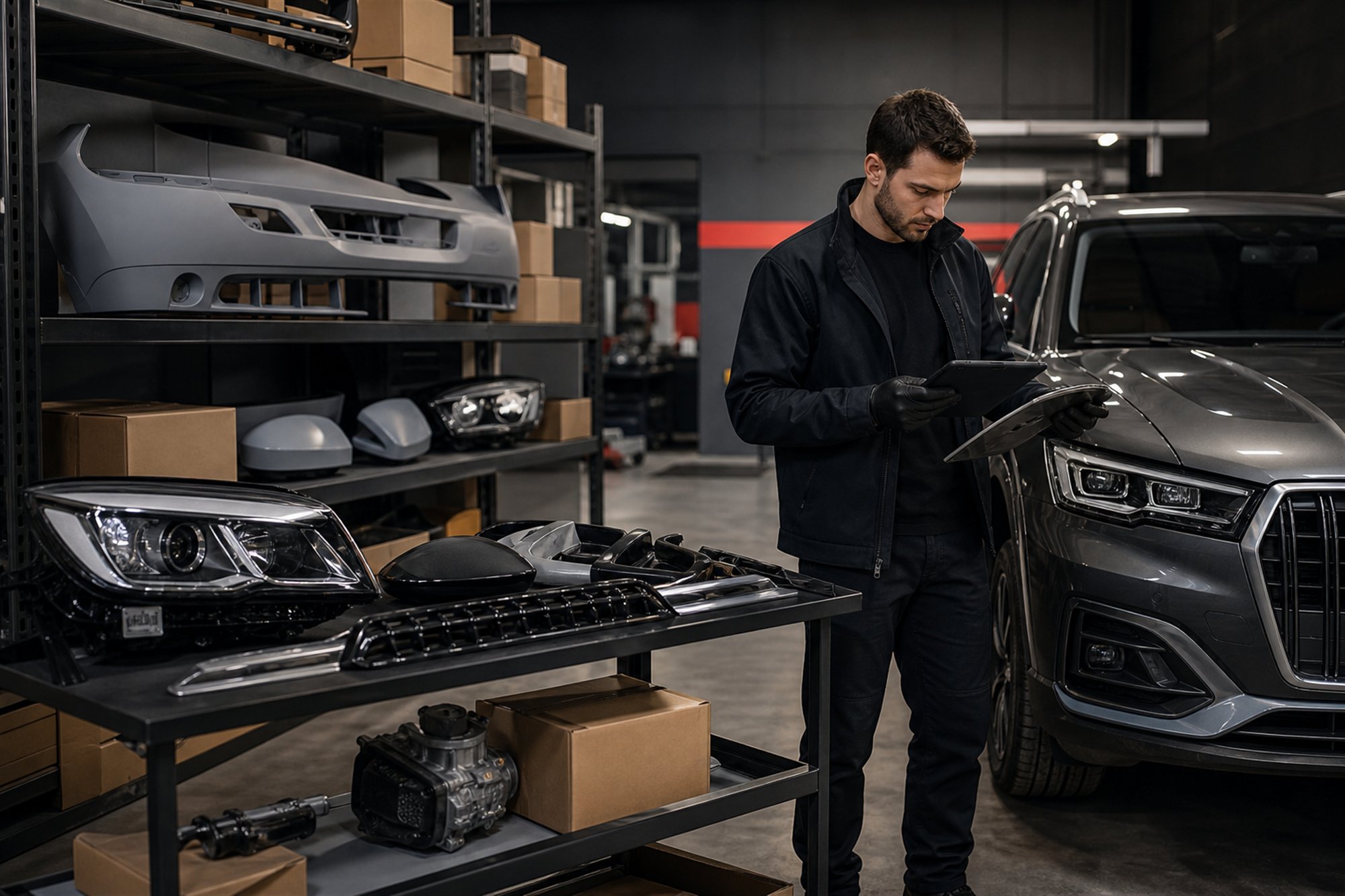 Parts specialist checking fitment among organized automotive body and mechanical components