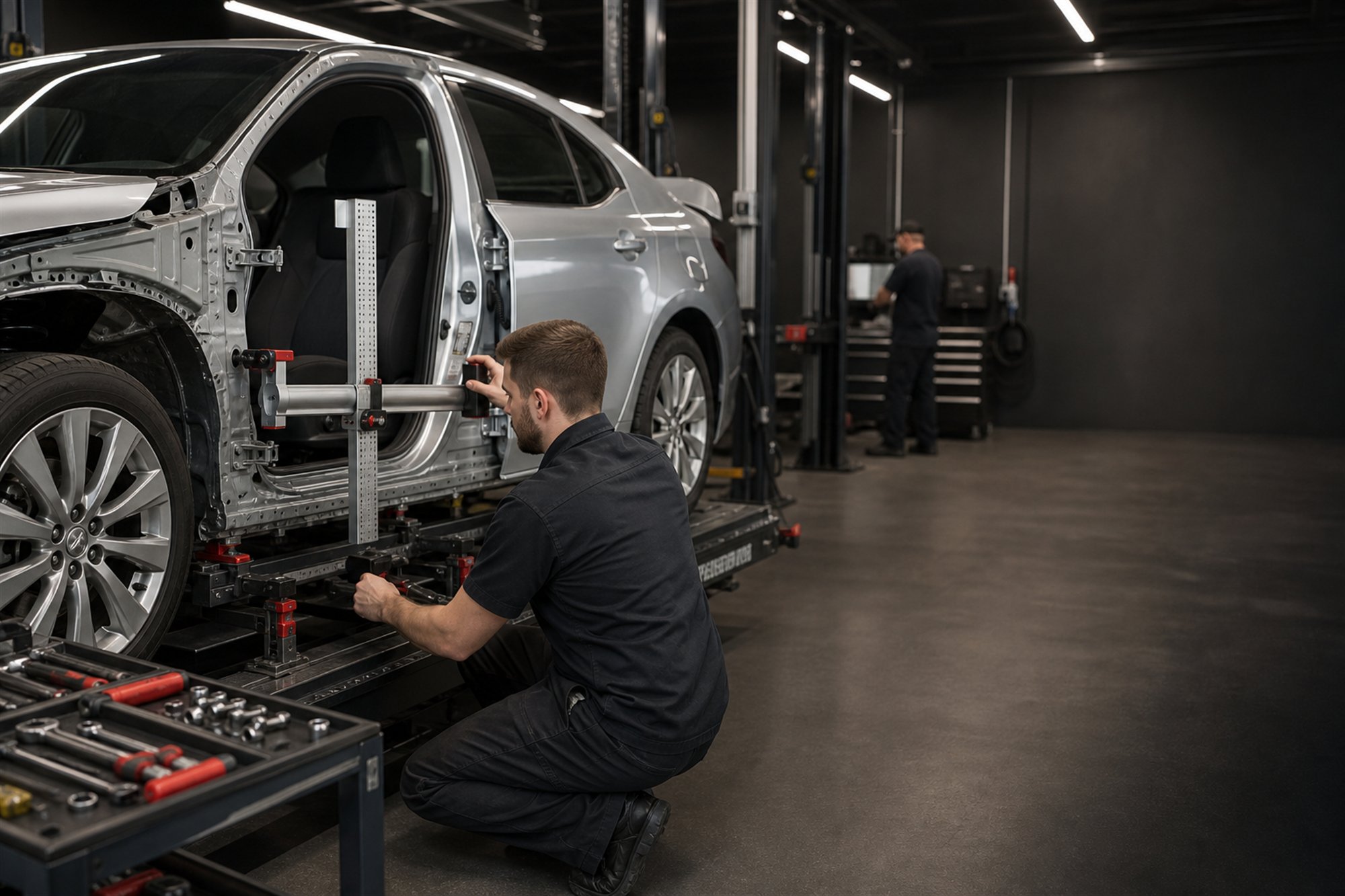Technician measuring a vehicle body during precision collision repair